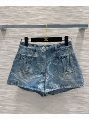 Chanel Women's Heavy Print Denim Shorts Blue