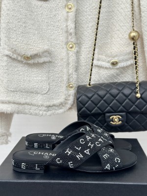 Chanel Rhinestone Letter Cross Strap Slide Flat Black 01