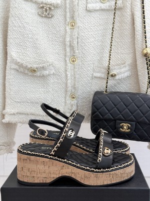 Chanel platform double C with chain sandals Black leather 2025