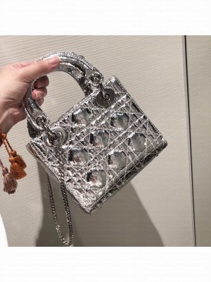 Lady Dior Mini Bag in Cannage with Chain Crinkled Silver