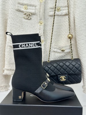 Chanel Knit Ankle Boots With Charm Buckle Strap Black