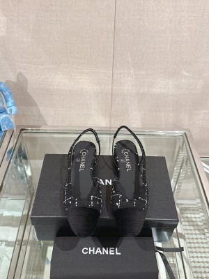 Chanel Slingbacks Tweed Ballerinas Flat Black
