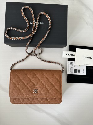 Chanel Caviar Leather & Silver-Tone Metal Wallet On Chain WOC Bag A33814 Brown