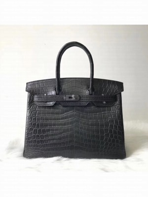 hermes so black birkin 30/35 bag in matt crocodile leather