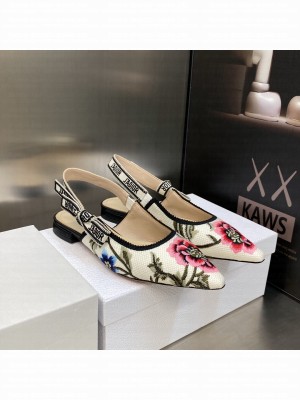 Dior J'Adior Slingback Ballerina Flat in White Multicolor Cotton Embroidered with Petites Fleurs Motif 2023