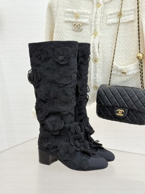 Chanel Mesh & Rose Bloom Heel High Boots Black 2025