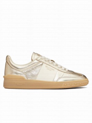Valentino Unisex Upvillage Sneaker In Laminated Calfskin With Nappa Calfskin Leather Band Golden