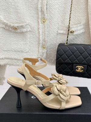Chanel Lambskin With Camellia Chain 7.5cm Sandals Beige 2025