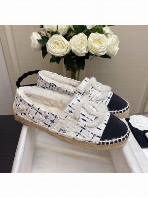 Chanel Shearling Fur Espadrilles Tweed/Lambskin Leather Fall/Winter 2020  Collection,  White/Blue Multicolor