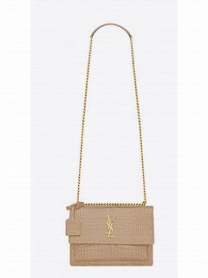 Yves Saint Laurent SUNSET MEDIUM CHAIN BAG IN CROCODILE EMBOSSED SHINY LEATHER 442906 DARK BEIGE