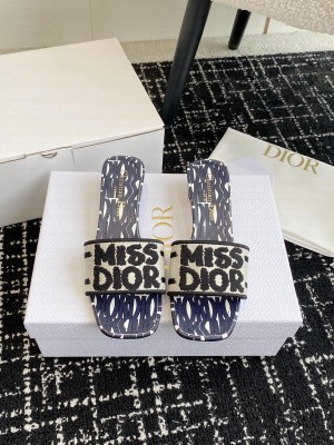 Dior Dway Heeled Slide Embroidered Cotton and Deep Blue Miss Dior Allover Motif