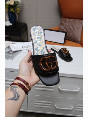 Gucci Calfskin Flat Slide Sandals with Aged Gold GG Black 2021 Collection