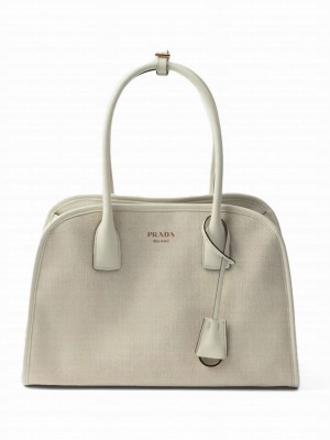 Prada Medium Linen Blend And Leather Tote Bag 1BG572 Cream