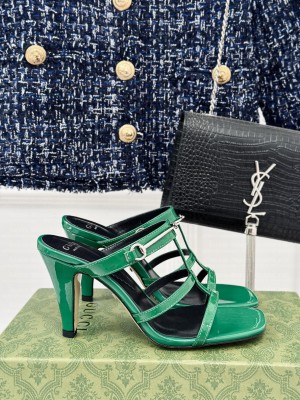 Gucci Slim Horsebit Leather Heel Slide Sandals Green
