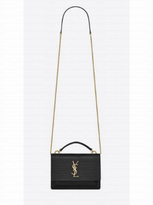 SAINT LAUREN SUNSET CHAIN WALLET IN CROCODILE-EMBOSSED SHINY LEATHER 533026 BLACK
