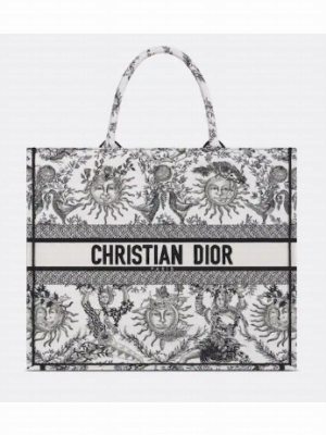 Large Dior Book Tote White and Black Toile de Jouy Soleil Embroidery M1286ZECQ