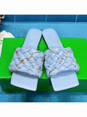 Bottega Veneta Leather Chain Woven Flat Slide Sandals Light Blue  2021 Collection