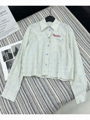Gucci Women's Embroidered Striped Cotton Shirt Blue