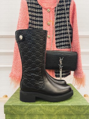 Gucci 4cm Embossed Leather High Boots Black