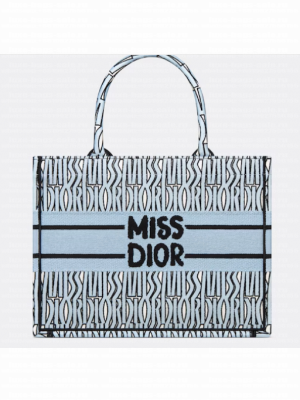 Medium Dior Book Tote Pale Blue and Black Miss Dior Allover Embroidery M1296ZEZE