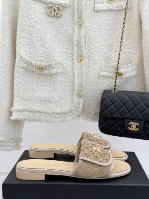 Chanel Crochet Flat Slides Sandal with Foldover G45474 Beige 2025