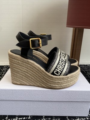 Dior Dway Wedge Sandal Black Calfskin and Embroidered Cotton