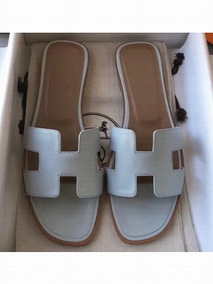 Hermes Oran Flat Slipper Sandals in Swift Box Calfskin Baby Blue