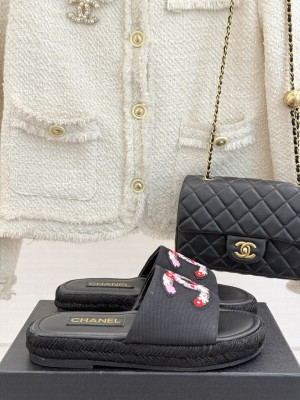Chanel Canvas Embroidered CC Espadrilles Slide Mules Black 2025