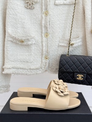 Chanel Lambskin Leather Flat Slides Sandal with Camellia Beige 2025