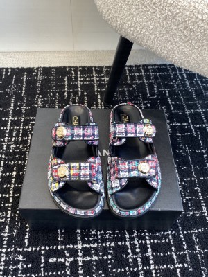 Chanel Tweed Velcro Dad Slide Sandals Denim Multicolor 2025