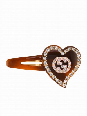 Gucci Hair Clip With GG And Heart Detail Dark Coffee