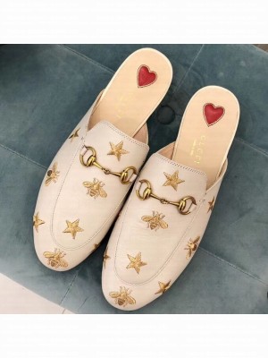 Gucci Women's Princetown Horsebit Slipper Embroidered Bees and Stars White