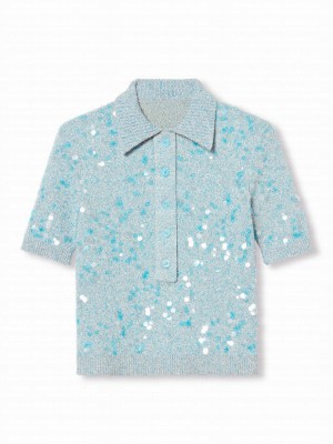 Gucci Women's Tweed Blend Polo Top Light Blue