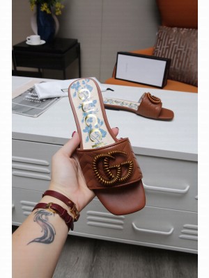 Gucci Calfskin Flat Slide Sandals with Aged Gold GG Brown 2021 Collection