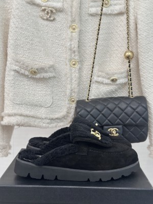 Chanel Suede & Shearling Wool Mule Black