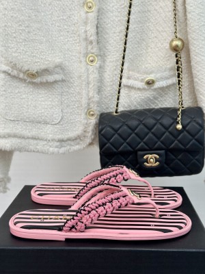 Chanel Striped Flat Thong Slides Sandal Pink/Black 2024