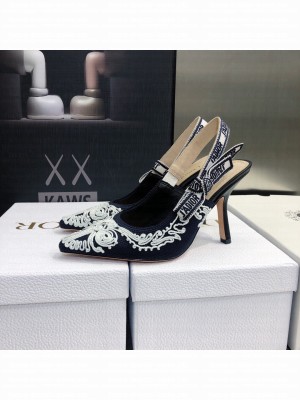 Dior J'Adior Slingback Pumps 9.5cm in Deep Blue and White Cornely-Effect Embroidery 2022 Collection