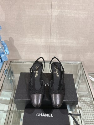 Chanel Slingbacks Tweed 6.5cm Pumps Black 2