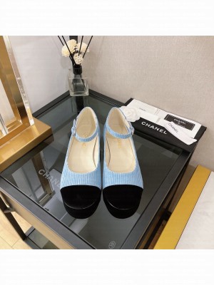 Chanel G39281 Corduroy Mary Janes Ballerinas 2022 Collection,blue