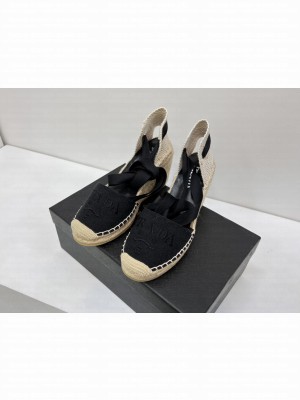 Prada Linen Logo 8cm Embroidered Wedge Espadrilles  2022 Collection Black