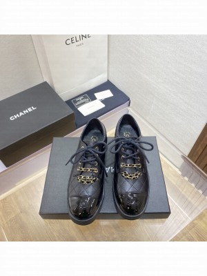 Chanel Lambskin Lace Up With Chain Loafer Black 2023SS