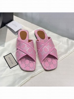 Gucci Silver Lamé Canvas Cross Slide Sandals Pink 2021 Collection