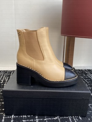 Chanel Calfskin Heel Platform with Chain Beige Ankle Boots