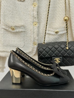 Chanel Women's 6.5cm Metal Heel Chain Around And Bow Lambskin Leather Pumps Black