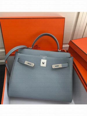 Hermes Kelly 25 Bag in Calf Leather with Gold/Silver Hardware Blue Flaxen