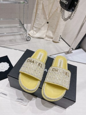 Chanel Tweed Flat Slide Sandals 2023SS Yellow