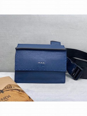 Fendi Men's Grained Leather Messenger Mini Bag Blue  2021 Collection