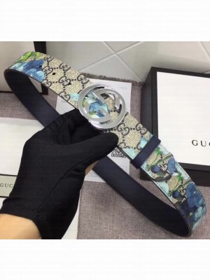 Gucci GG Blooms Belt 3.7cm Width Silver Hardware ‎370543 Blue