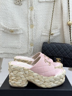 Chanel cotton platform double C slipper pink heel 8cm 2025