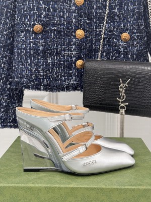 Gucci Women's 10cm Silver Shiny Leather 827856 Wedge Mule 2025